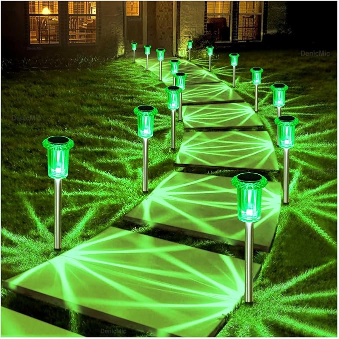 DenicMic St Patricks Day Decorations Solar Lights Outdoor 10 Pack Waterproof Green LED Stainless Steel Stake Outside Lights for Yard Pathway Garden Driveway Walkway Landscape Path Lighting Denicmic