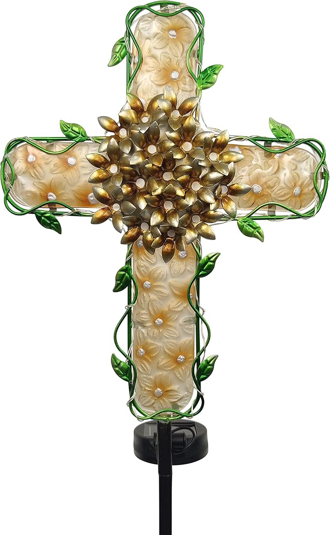 38inch Cross Garden Solar Lights Outdoor Decorative - Solar Metal&Glass Cross Apricot Hydrangea Flower Stake Lights- Waterproof 20 White LED for Remembrance Gifts & Sympathy Gifts COOZZYHOUR