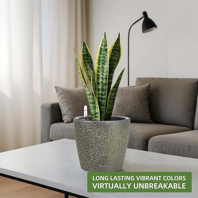 Dexceder 9x8 Inches Self Watering Planter Indoor Outdoor, Inner Pot Design, Thickened Table Flower Plant Pot with Water Level Indicator (Black Gold Crackle) Dexceder