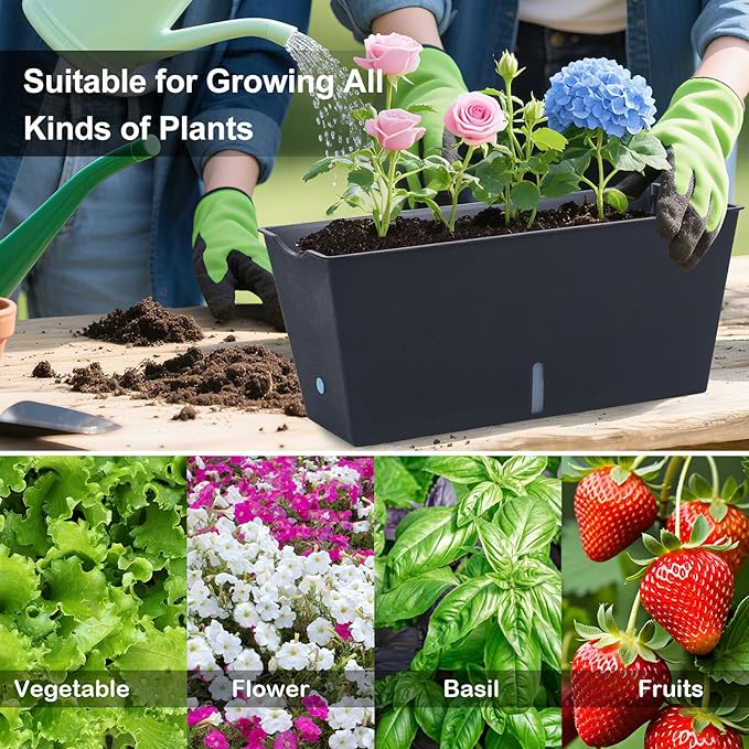 Window Box Planter 6 Pcs, 16.5 Inches Self Watering Rectangle Flower Plant Pots with Drainage Holes Trays, Vegetable Planters for Windowsill Patio Garden Balcony Porch Yard (Black) Oliz