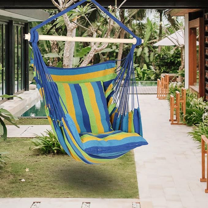 Highwild Hammock Chair Hanging Rope Swing - Max 500 Lbs - 2 Cushions Included - Steel Spreader Bar with Anti-Slip Rings - for Any Indoor or Outdoor Spaces (Blue Striped) Highwild