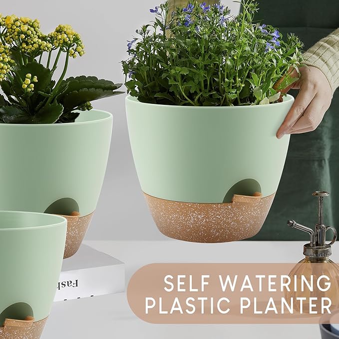 Plant Pots 10/9/8/7.5/7 inch, Self Watering Planters with Drainage Holes & Saucers for Indoor and Outdoor Plants (Green) AFamilyofGardenLovers