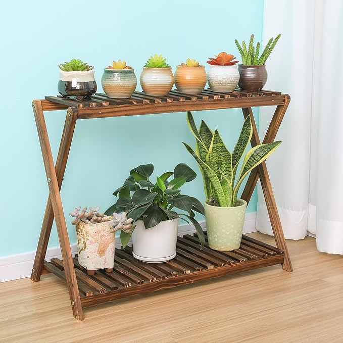 Wooden Plant Stand Indoor 2 Tier Narrow Plant Stand Outdoor Plant Shelf Display Rack Corner Flower Rack Stand for Living Room Garden Patio Balcony (X-Cross Design) Jotboom
