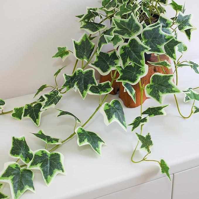 Fake English Ivy Plants in Pots Set of 2 – Realistic Artificial Ivy Greenery for Home Decor, Tabletop, Office, Shelf, Balcony, Lifelike Faux Hanging Vines, No Maintenance Required - White and Green ALYPTUS