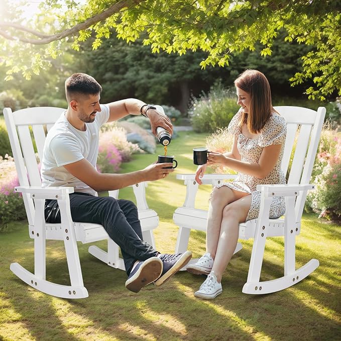 VINGLI Heavy Duty 600 LBS Outdoor Wooden Rocking Chair with Higher Backrest,Patio Rocking Chair with Ergonomic Design, Weatherproof Outdoor Rockers Suit for Patio, Garden, Balcony, Yard, White VINGLI