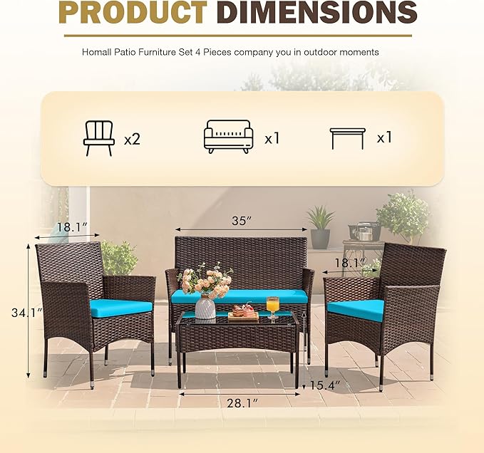 Homall 4 Pieces Patio Rattan Chair Wicker, Outdoor Indoor Use Backyard Porch Garden Poolside Balcony Furniture Sets (Blue) Homall