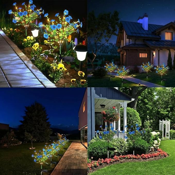 2 Pack Solar Stake Lights Outdoor Decor Waterproof Mums Artificial Flowers Solar Lights for Outdoor Garden Yard Pathway Decor (Blue,Violet) Glooglitter