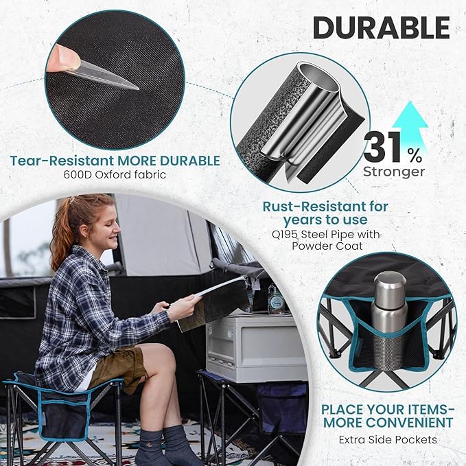 FUNDANGO Oversized Camping Stool for Adults, Thick Padded 18.1 Inch Folding Ottoman Foot Rest, 440 Lbs Heavy Duty Outdoor Camp Chairs with Anti-Slip Foots & Carry Bag for Fishing Lawn Travel (Black) FUNDANGO