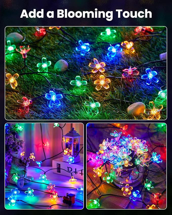 Brightown 2 Pack Total 52FT 120 LED Flower Solar String Lights Outdoor Waterproof Fairy Lights for Garden Yard Fence Patio Christmas Tree Wedding Party Decor, Multicolor Brightown