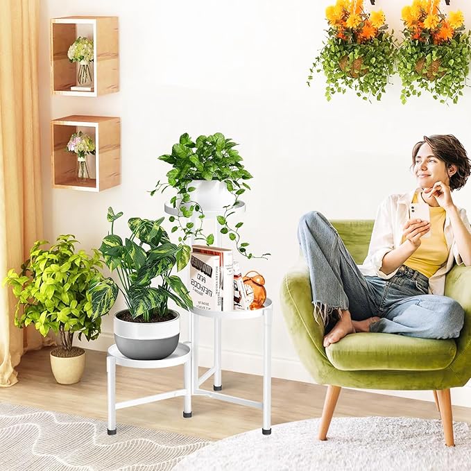 3 Tier Metal Corner Plant Stand Indoor Outdoor, Heightened widened 30 in Tall Multiple Flower Pot Display Holder, Iron Plant Rack Organizer for Living Room Garden Patio Balcony Office White ZOXILEN