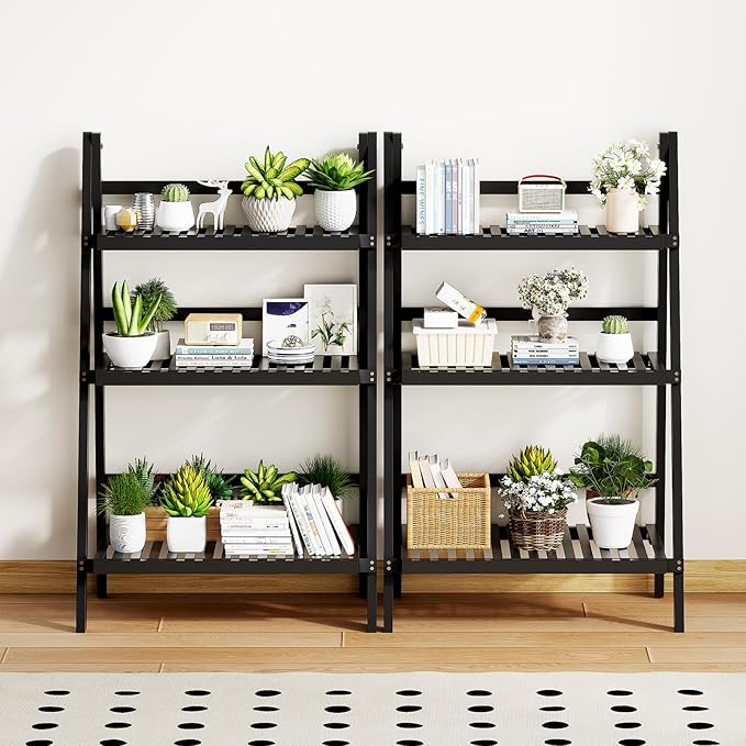 39.4" Foldable Plant Shelf Ladder Shelf, 3 Tier Bamboo Ladder Flower Pot Display Shelf, Freestanding Ladder Bookshelf for Garden, Balcony, Yard, Living Room, 23.6" W x 15" D x 39.4" H, Black OAKVIVOElegantLifestyle
