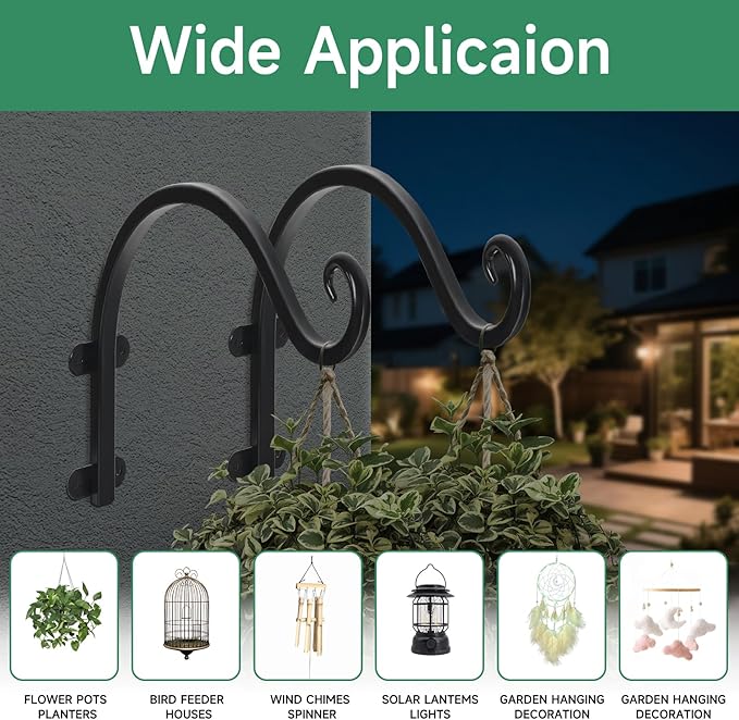 4 Pack 12Inch Plant Hanger, Sturdy Hanging Plant Bracket Hooks Outdoor, Bird Feeder Hanger for Bird Feeders, Planters, Lanterns, Wind Chimes Indoor Outdoor (Black) Acteomsly
