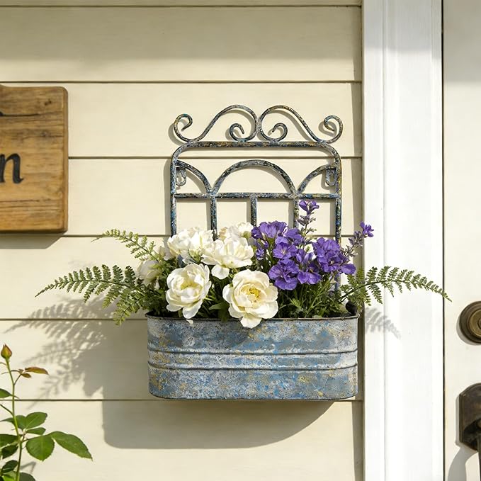 Rustic Metal Wall Planter Vintage Wall Mounted Flower Pot Distressed Wall Hanging Plant Basket Farmhouse Wall Decor for Indoor Outdoor Garden Home Yard (Gray) Rootora