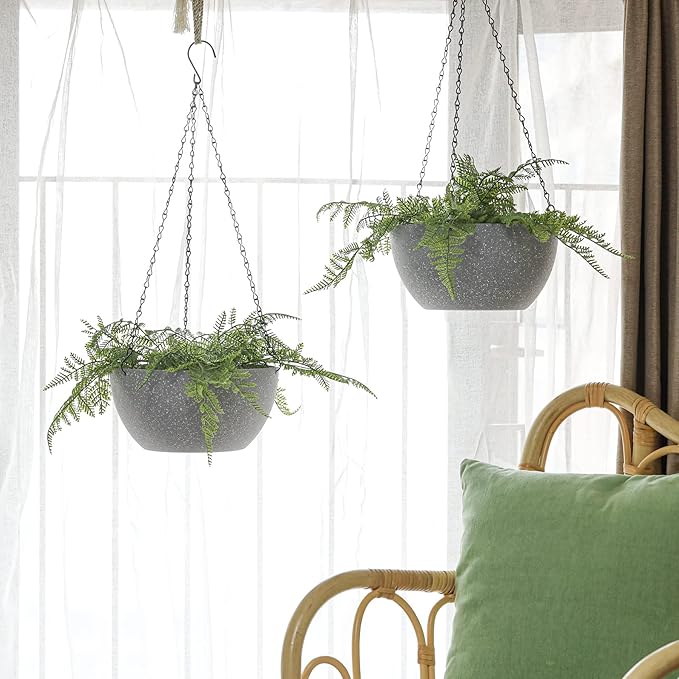 T4U Hanging Planters for Indoor Plants, 10 Inch Hanging Planter Outdoor 2 Pack, Hanging Basket with Drainage Holes, Hanging Plant Holder Indoor, Flower Pots, Plant Pots for Garden, Grey T4U