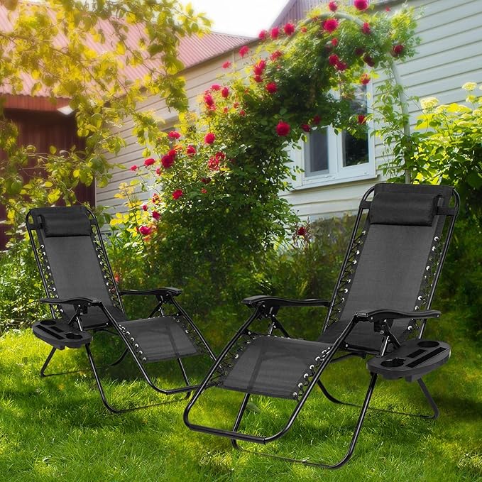Nazhura Set of 2 Relaxing Recliners Patio Chairs Adjustable Steel Mesh Zero Gravity Lounge Chair Beach Chairs with Pillow and Cup Holder Black NazhuraGoodCompanionAtHome