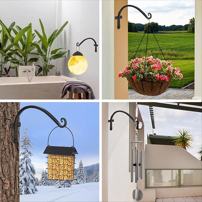 FEED GARDEN 2 Pack 12 Inch Hanging Plant Bracket Wall Hooks Decorative Plant Hangers for Outdoor Hanging Bird Feeders, Wind Chimes, Plant Baskets, Black FEEDGARDEN