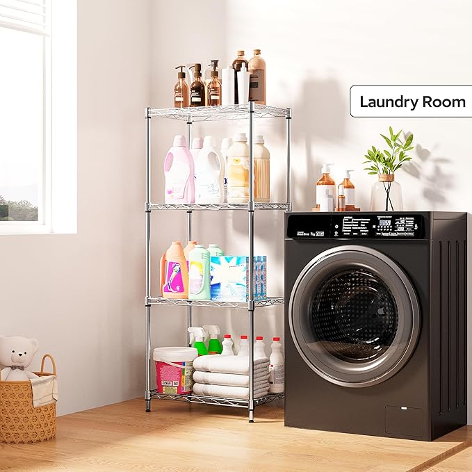 4 Tiers Shelf Metal Storage Shelves Wire Rack Closet Organizers with Wheel for Garage Kitchen Bathroom Laundry Chrome 11.8" D x 17.7" W x 41.9" H MEIGAOPLASTICANDMETALHKCOLIMITED