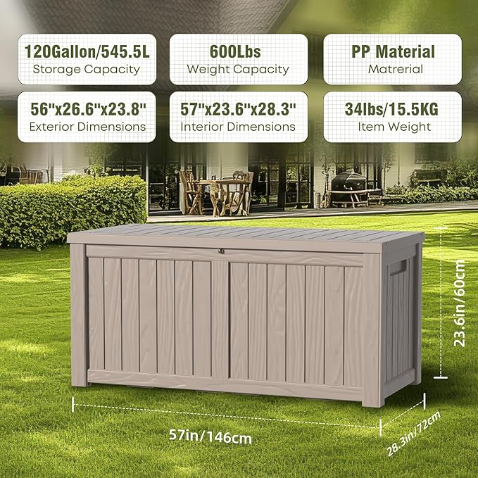 DRATO 120 Gallon Large Deck Box, Outdoor Storage Box for Patio Furniture, Patio Cushions, Gardening Tools, Pool Supplies,660lbs Weight Capacity,Waterproof Resin Storage Boxes(Gray,120 Gallon) DRATOprovidesawarmandcozy