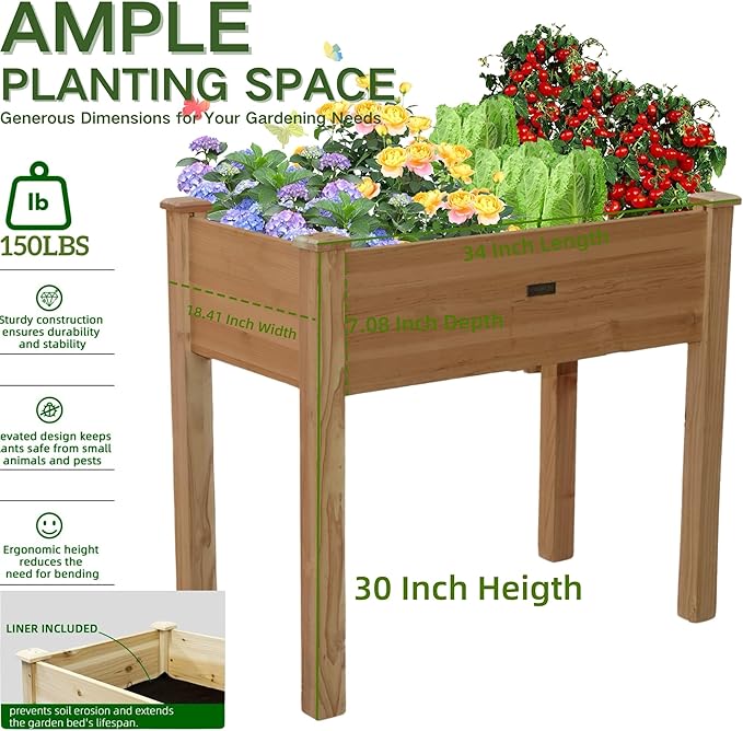 34x18x30in Wooden Raised Garden Bed with Legs,Elevated Reinforced Planter Box with Bed Liner for Backyard/Patio/Gardener,150lb Capacity - Acorn Brown ZSYWODFO