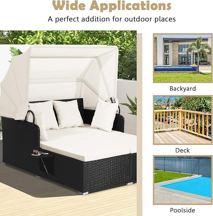 Tangkula Patio Rattan Daybed with Retractable Canopy, Outdoor Wicker Sunbed Lounger with 2 Foldable Side Tables, Thick Seat & Back Cushions, Double Daybed for Garden, Backyard, Porch (Off White) TANGKULA