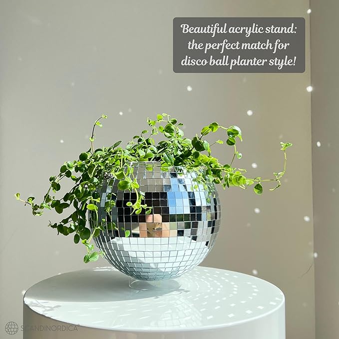 SCANDINORDICA Disco Ball Planter – Value Package: Disco Planter with Chain, Macrame Hanger and Acrylic Stand, Includes Self Watering Insert, Preppy Room Decor, Funky Decor | 8 inch Silver SCANDINORDICA