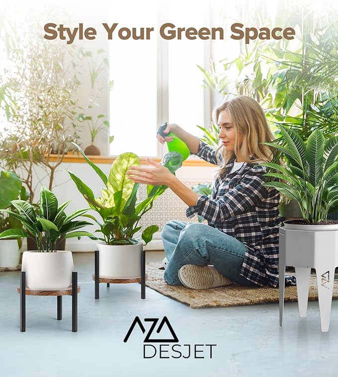 Plant Stand Indoor Adjustable with Walnut Wood Tray, Metal Modern Indoor Plant Stand, Heavy Duty Plant Stands Outdoor Corner, Stable Plant Holder, Fits 8 to 12 Inches Pots, Black, 1 Pack SculptingLightGarden