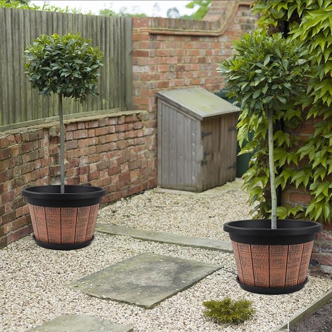 Quarut Large 4 Pack 16 inch Plant Pots,Whiskey Barrel Planters with Drainage Holes & Saucer,Plastic Decoration Flower Pots Retro Design,Planters for Outdoor Indoor Garden Balcony Plants (Brown) Quarut