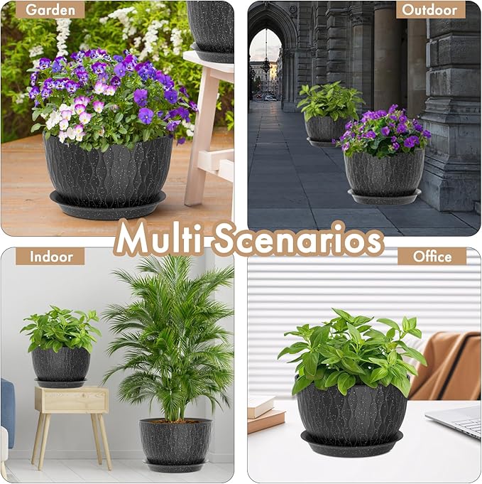 12 Inch Wide Water Ripples Flower Pots for Indoor or Outdoor Plants, Large Plant Pots with Drainage Holes & Saucer, Plastic Planters Set for Garden & Home Decor (Black with White Speckles) WSMKSZ