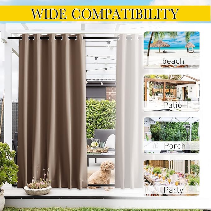 NICETOWN 2 Panels Outdoor Curtains for Patio Waterproof & Windproof, Thermal Insulated Top & Bottom Grommet & Back Tab Light Block Outdoor Drapes with Bouns Rope for Fixed, Tan, W66 x L90 NICETOWN