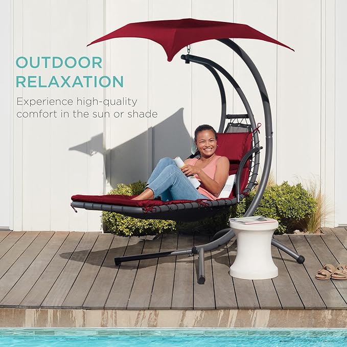 Best Choice Products Outdoor Hanging Curved Steel Chaise Lounge Chair Swing w/Built-in Pillow and Removable Canopy - Burgundy BestChoiceProducts