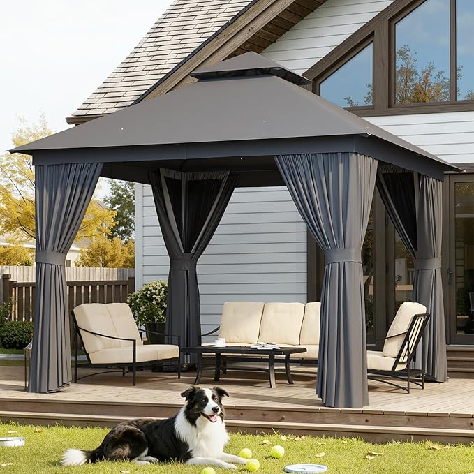 Aoxun Outdoor Gazebo for Patio 10x10, Metal Frame Canopy with Double Roofs, Heavy Duty Party Tent and Shelter with Mosquito Netting and Privacy Screen for Backyard, Lawn, Garden, Deck Aoxun