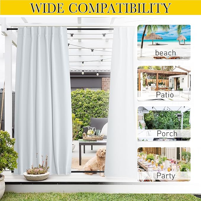 NICETOWN Blackout Outdoor Curtains for Patio Windproof 2 Panels Top & Bottom Pocket & Back Tab, Thermal Fixed Waterproof Safe Drapes Keep Privacy for Yard/Porch, Greyish White, W52 x L95 NICETOWN