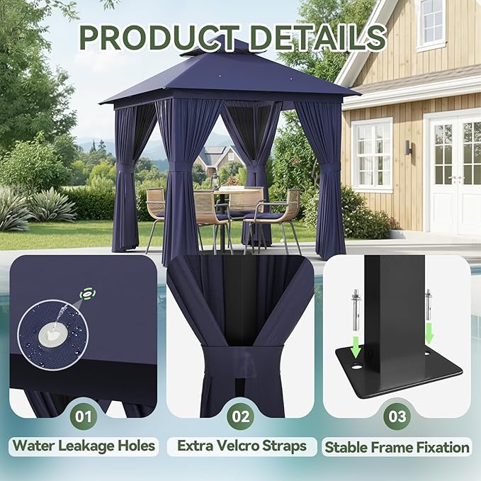 Aoxun Outdoor Gazebo for Patio 8x8 Metal Frame Canopy with Double Roofs Heavy Duty Party Tent and Shelter with Mosquito Netting and Privacy Screen for Backyard, Lawn, Garden, Deck (Navy Blue) Aoxun