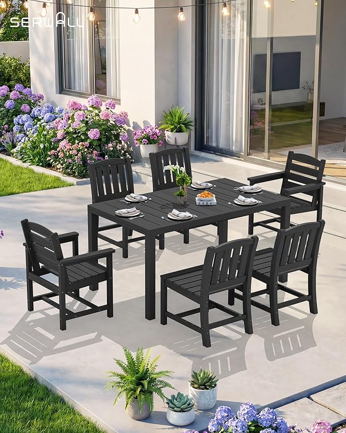 SERWALL 7-Piece Outdoor Dining Set, 60" - 83" Expandable Outdoor Dining Table and 6 HDPE Chairs, All Weather HDPE Outdoor Furniture Set for Backyard, Garden, Black SERWALL