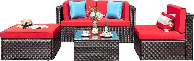 Vongrasig 5 Pieces Small Patio Furniture Sets, All-Weather Outdoor Sectional Patio Sofa Wicker Rattan Patio Seating Sofas with Cushion and Glass Table (Red) Vongrasig
