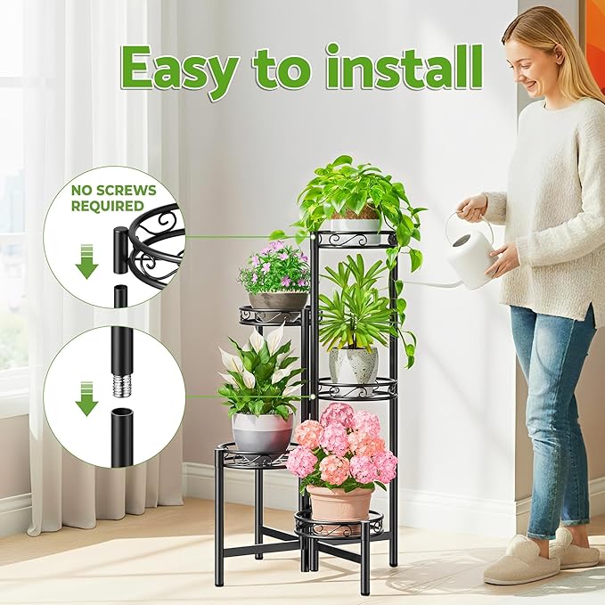 Metal Plant Stand Indoor Outdoor, 5 Tier 5 Potted Multiple Plant Shelf Stands, Wrought Iron Flower Holder Shelf, Folding Tall Rack Shelf for Patio, Balcony, Corner Living Room - BlackCircle Rootora