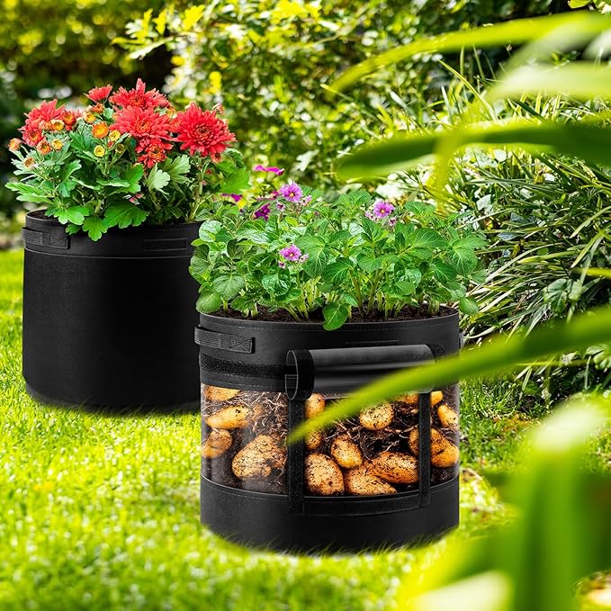 3 Pack 20 Gallon 360° Visibility Potato Grow Bags with Shading Flap, Plant Grow Bags for Growing Potatoes Heavy Duty Thickened Nonwoven Fabric Gardening Vegetable Growing Bags with Harvest Window WelcometoUJG%EF%BC%81