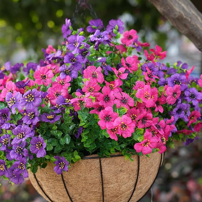 Artificial Flowers for Outdoor, UV Resistant Fake Silk Flowers, Realistic Faux Plants for Outside Indoor Porch Patio Window Box Planter Home Decor (14, Purple Rosy) Welcometothetrytuny