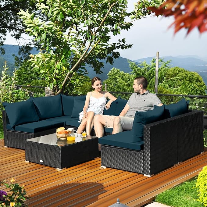 Tangkula 7 Piece Patio Furniture Set, Outdoor Wicker Sectional Sofa with Pillows and Cushions, and Coffee Table, Patio Conversation Set for Garden, Lawn (Peacock Blue) TANGKULA