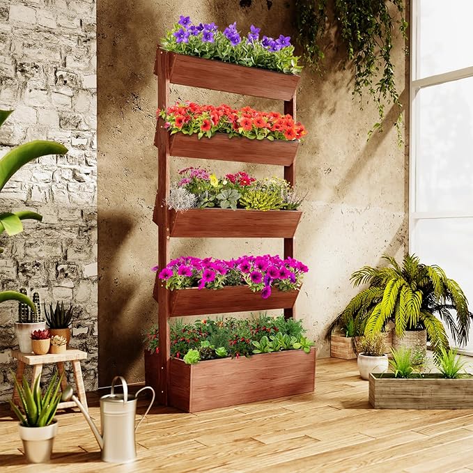 SUNYRISY 5 Tiers Vertical Wooden Raised Garden Bed Outdoor, Freestanding Garden Planter Box Stand for Planting Herbs Flowers Vegetables Outdoor Gardening SUNYRISY