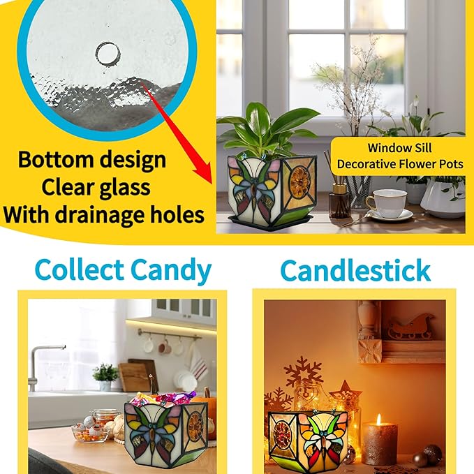 Handcrafted Stained Glass Butterfly Planter, Cute Planters for Indoor Plants,Decorative Indoor Flower Pot, Cactus Pot, with Drainage,Home Garden Decor Entlityful