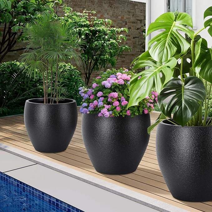 Plant Pots 17.5/14.8/12.2 inch Set of 3, Flower Pots with Drainage Holes, Large Planters for Indoor Outdoor Garden Plants and Flowers. (Black) AFamilyofGardenLovers