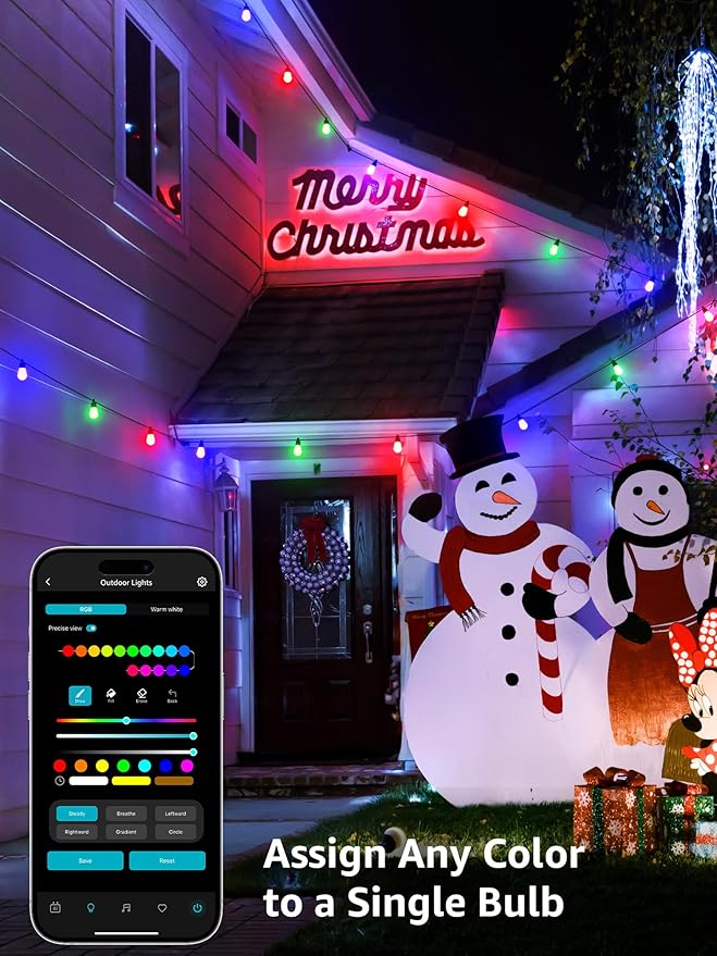 Lepro ZB1 AI Smart Outdoor String Lights APP Control, 54(42+12) ft RGB+IC+Warm White Outdoor Lights 15 LED Bulbs, Alexa Google Home Enable, AI Generated Lighting LLM, NO Remote 2.4 GHz WiFi+Bluetooth Lepro