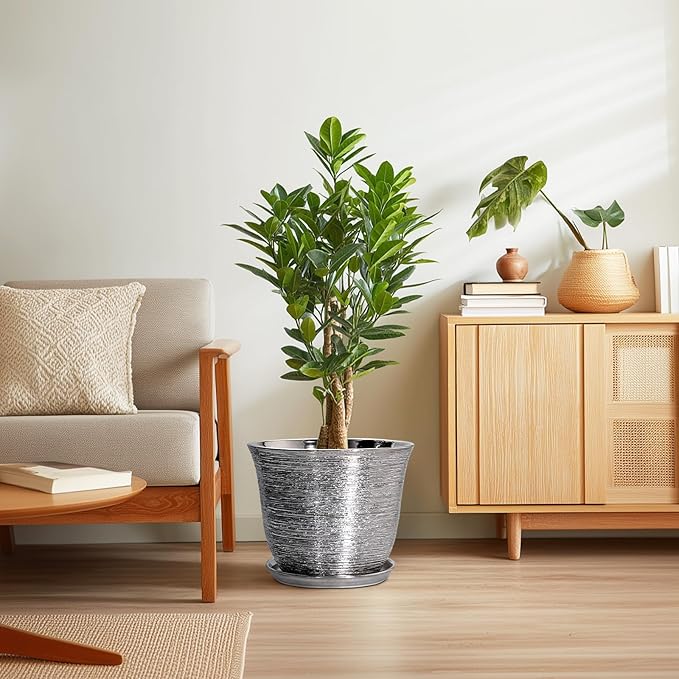 Ceramic Planter - 12 Inch Pots for Plants Indoor Outdoor, Round Planter with Drainage Hole and Saucer, Modern Decorative Planters, Large Plant Pot, House Patio Decor, Garden Gifts, Silver SUNPOTFOR