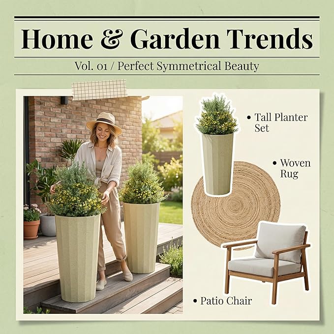 23.6" H Tall Planters for Outdoor Plants, 2 Pack Large Outdoor Planters for Porch Decor with Automatic Drainage Hole, Plastic Stripe Design Flower Pots Fits Indoor Plants Patio Garden, Black Outdoorchairs