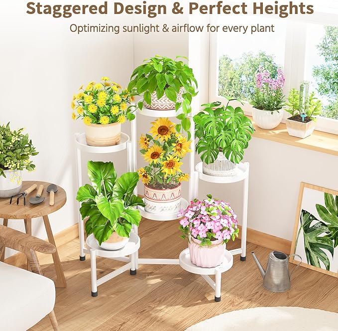LASZOLA 6 Tiered Folding Tall Plant Stand Indoor for Multiple Large Planter, Heavy Duty Metal Adjustable Flower Rack for Narrow Corner, Sturdy Vertical Spiral Shelving Holder for Modern House, White LASZOLA