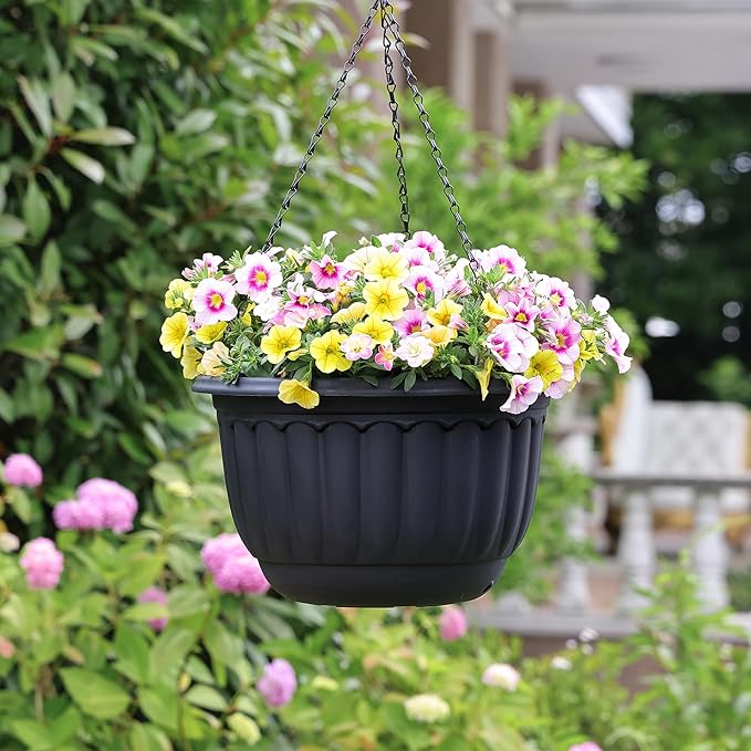 YIKUSH Planters for Outdoor Plants 2 Pack Black Plant Pots with Drainage Hole and Absorbing Tray Hanging Planters for Indoor Plants (12 inch, 3 Hooks) YIKUSH