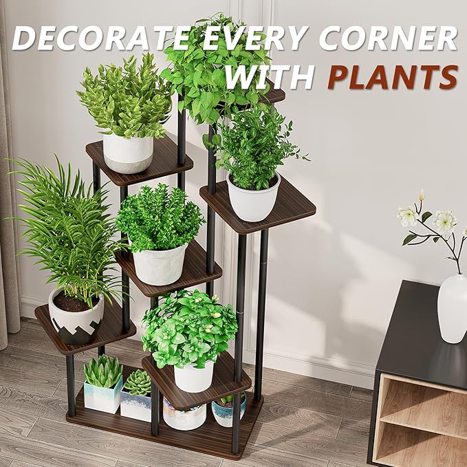 AZERPIAN Plant Stand 7 Tier Indoor Metal Flower Shelf for Multiple Plants Corner Tall Flower Holders for Patio Garden Living Room Balcony Bedroom, Black Oak AZERPIAN