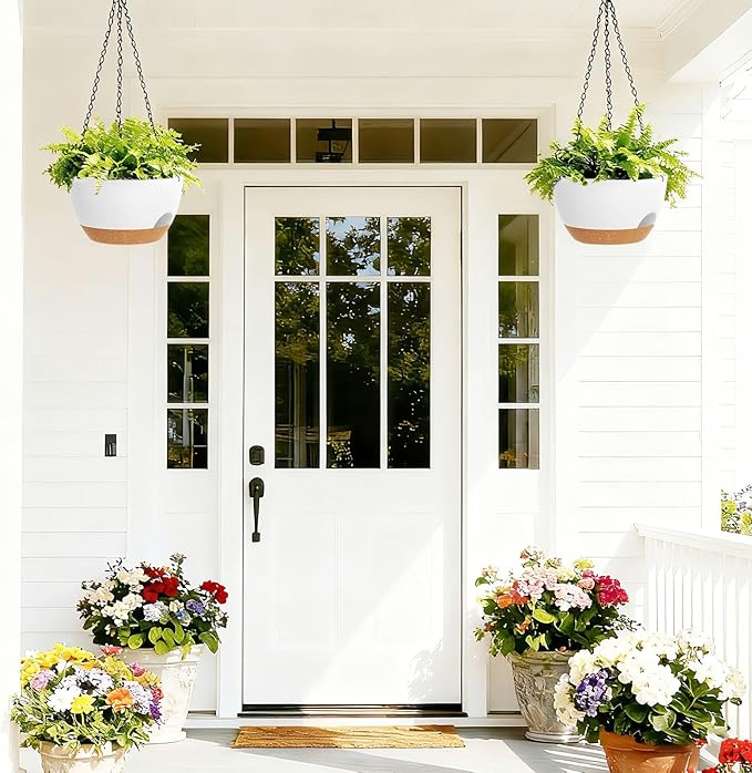 8 Inch Hanging Planters for Indoor Outdoor Plants, 4 Pack White Brown Plastic Self Watering Hanging Baskets with Drainage Holes and Chain for Garden Porch SQKH