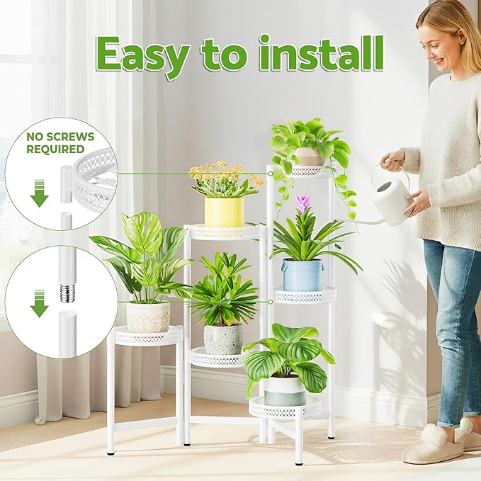 6 Tier Metal Plant Stand, 6 Potted Multiple Flower Pot Holder Shelf, Indoor&Outdoor Folding Planter Display Shelves for Patio Garden, Living Room, Corner Balcony, Bedroom - WhiteWave Rootora